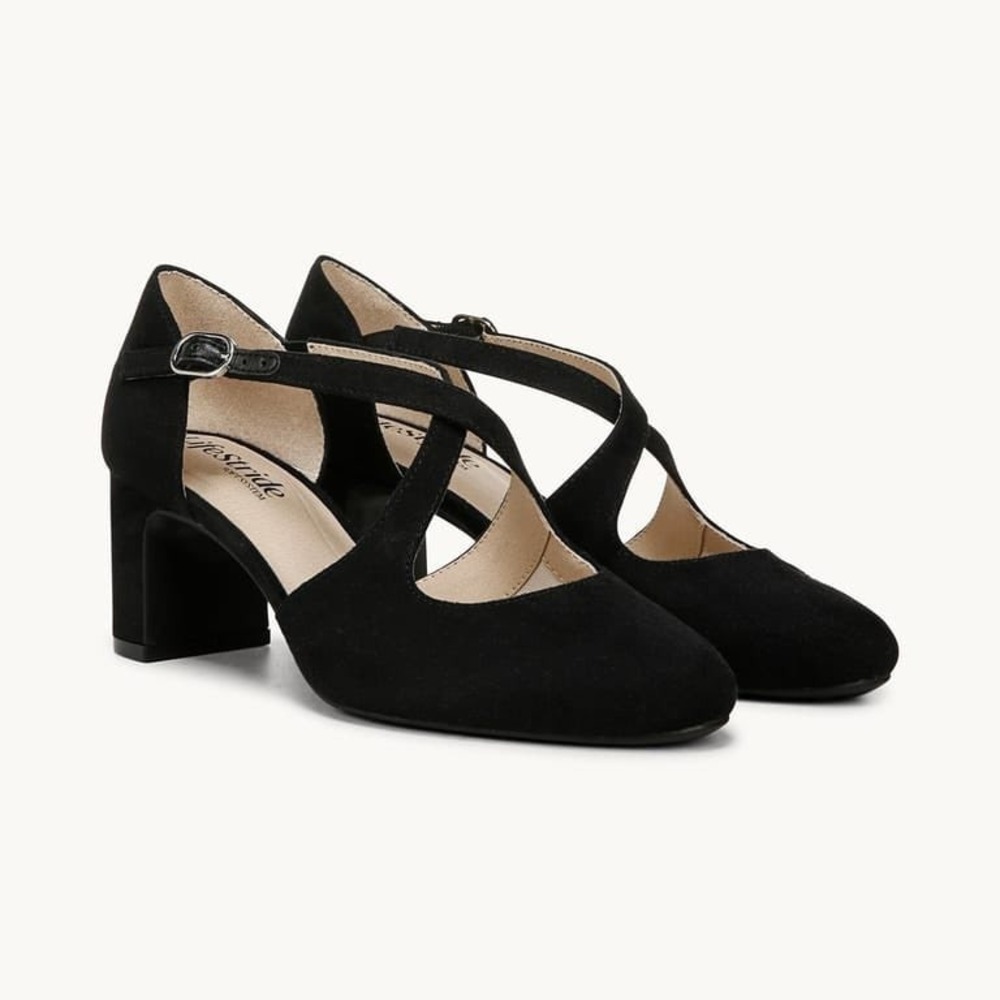 LifeStride Tracy Black Micro Strappy Block Heel Pump Shoes Sz 7.5M NEW